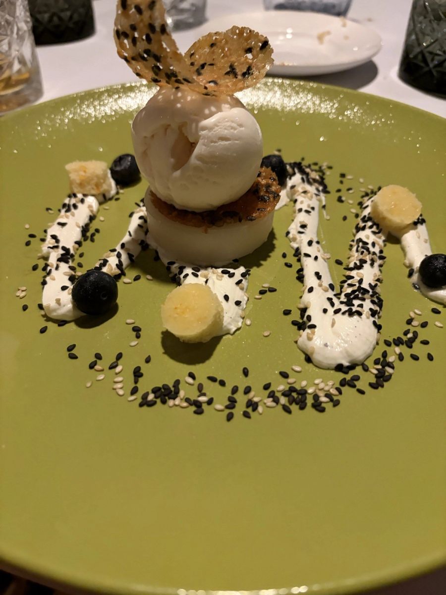 Plated dessert with ice cream, sesame and a sweet tuile at the Asian restaurant, Beachcomber Royal Palm