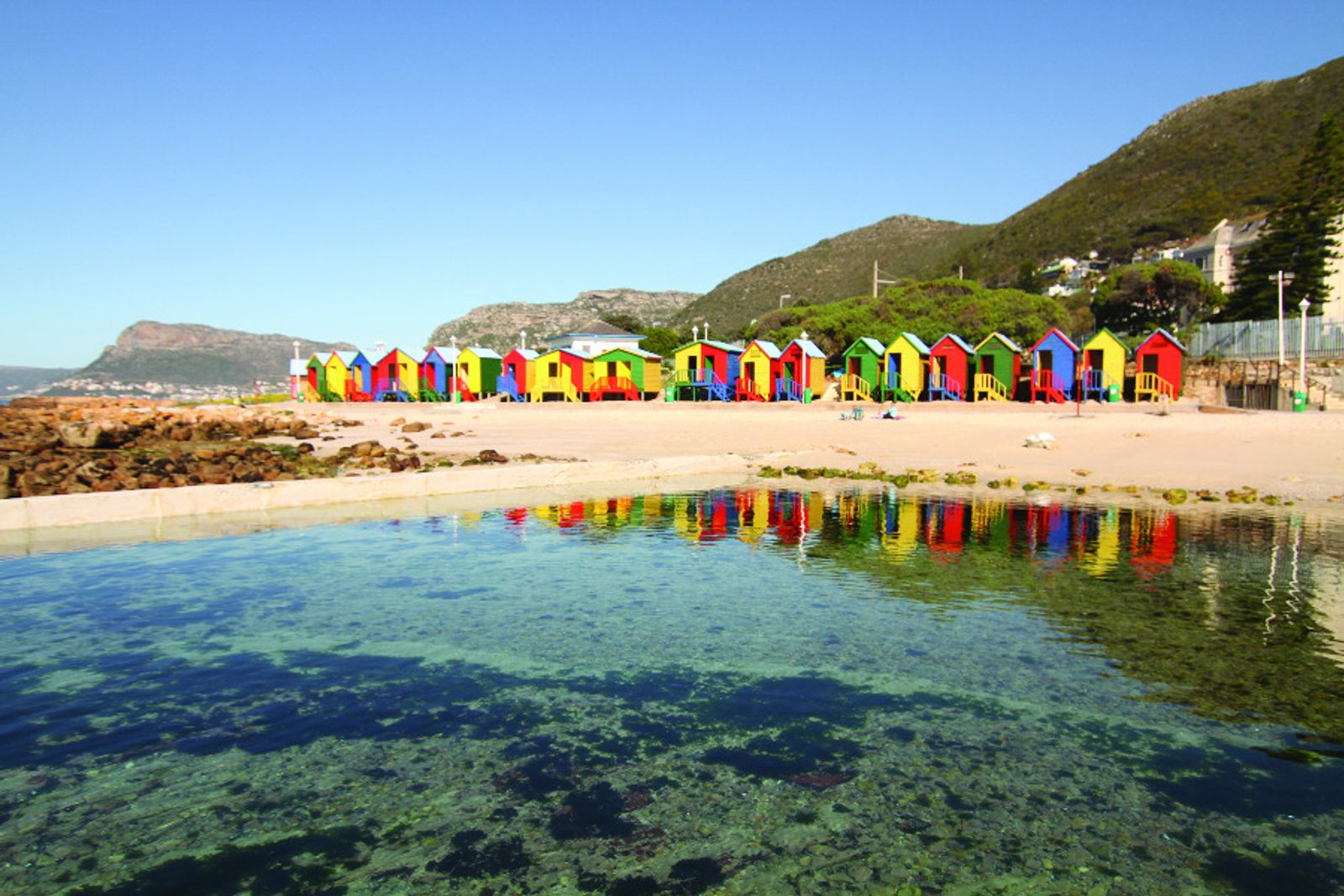 Colourful Victorian bathing boxes line St James beach.