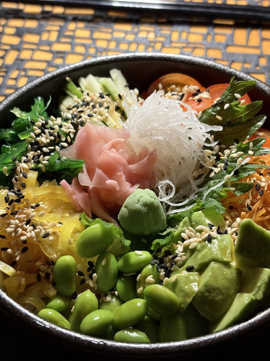 A vegetarian rice bowl with avocado, edamame, pickled ginger, sesame and crispy noodles at the Japanese restaurant, St Regis Mauritius Le Morne