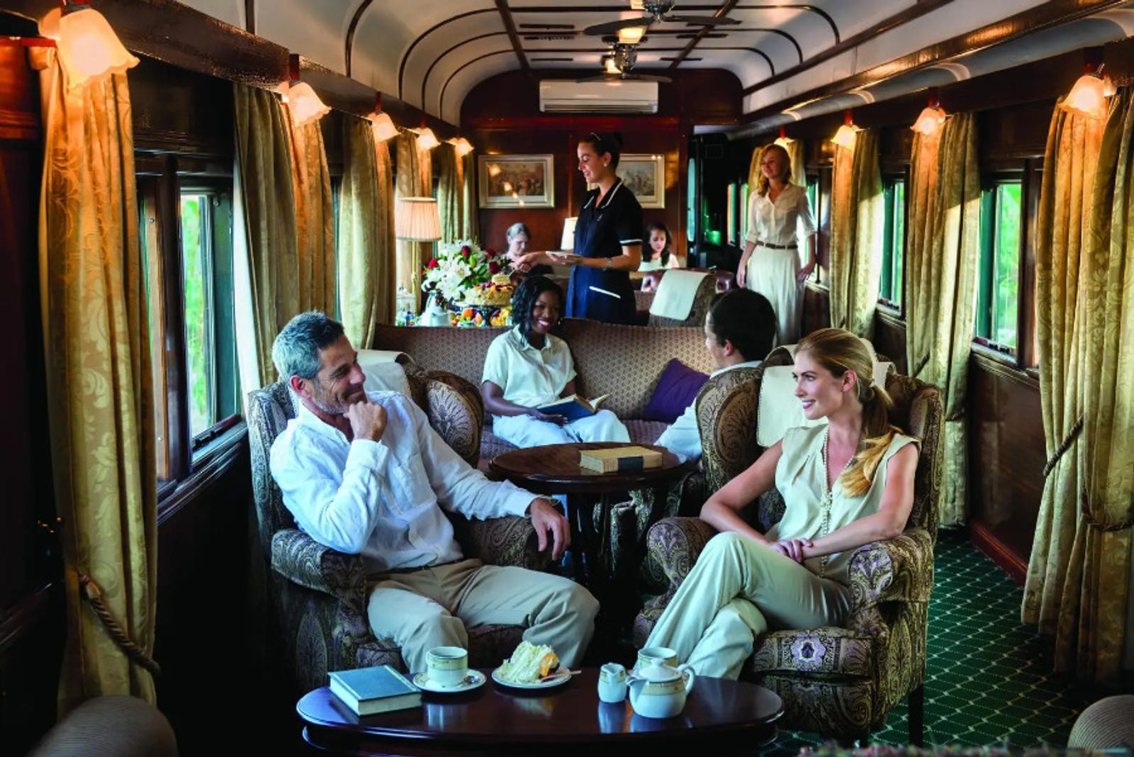 Afternoon tea in the lounge car on a Rovos Rail journey.