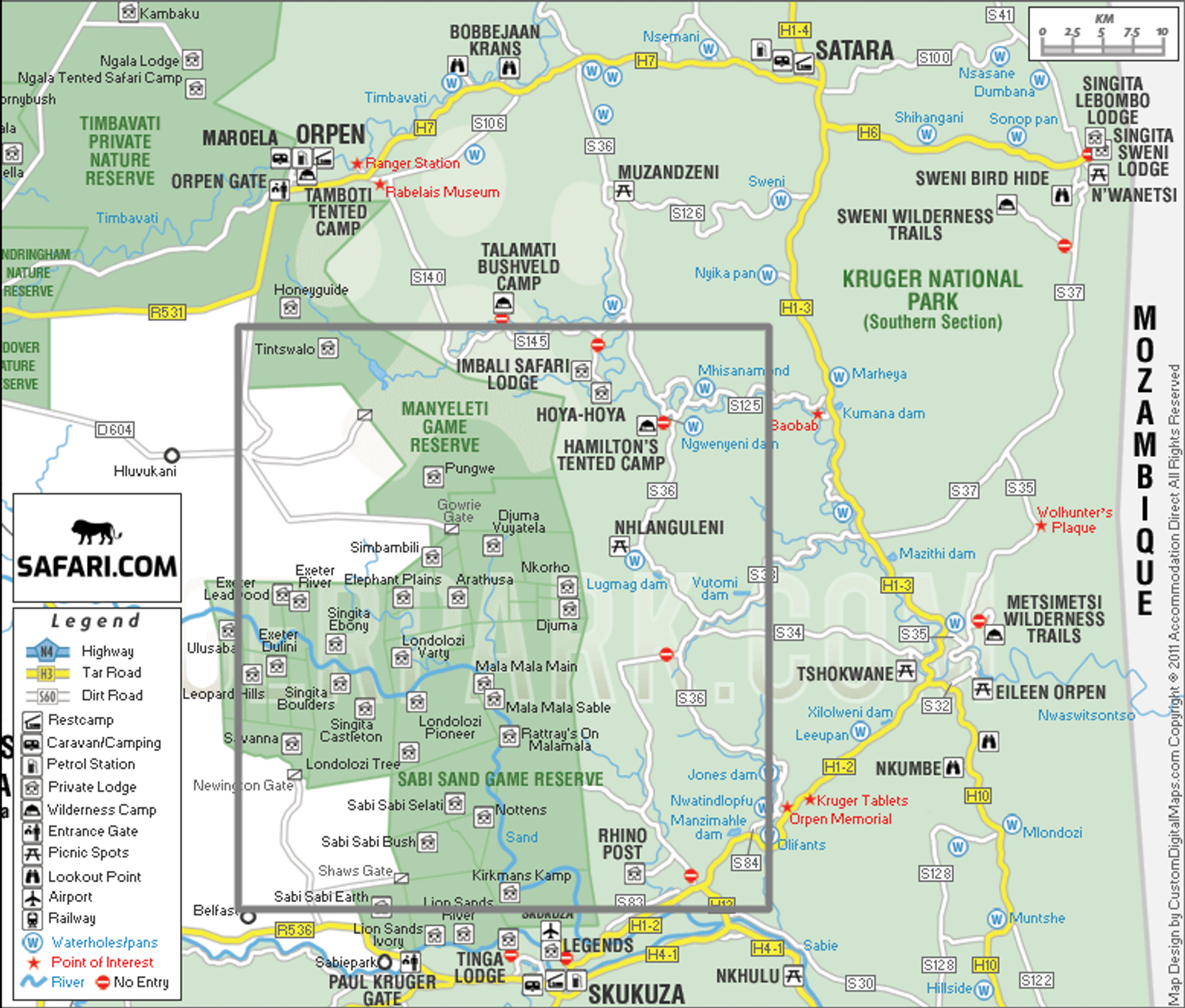 Map of Sabi Sands and central Kruger, with a box zoning in on my movements